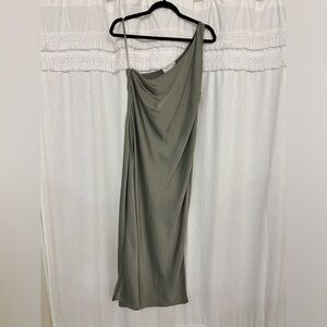 BHLDN Audrie One Shoulder Satin Olive Dress